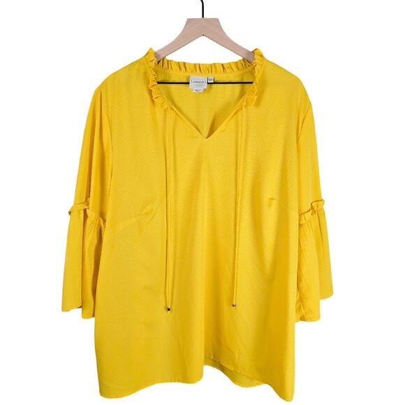 Junarose Yellow Peasant Blouse Size 24 Tie Neck Ruffle Sleeve Tunic Top - Picture 2 of 5